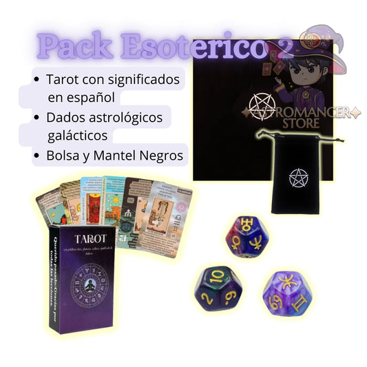 Pack esotérico 2 Tarot con significados español, dados astrológicos, bolsa y mantel negro